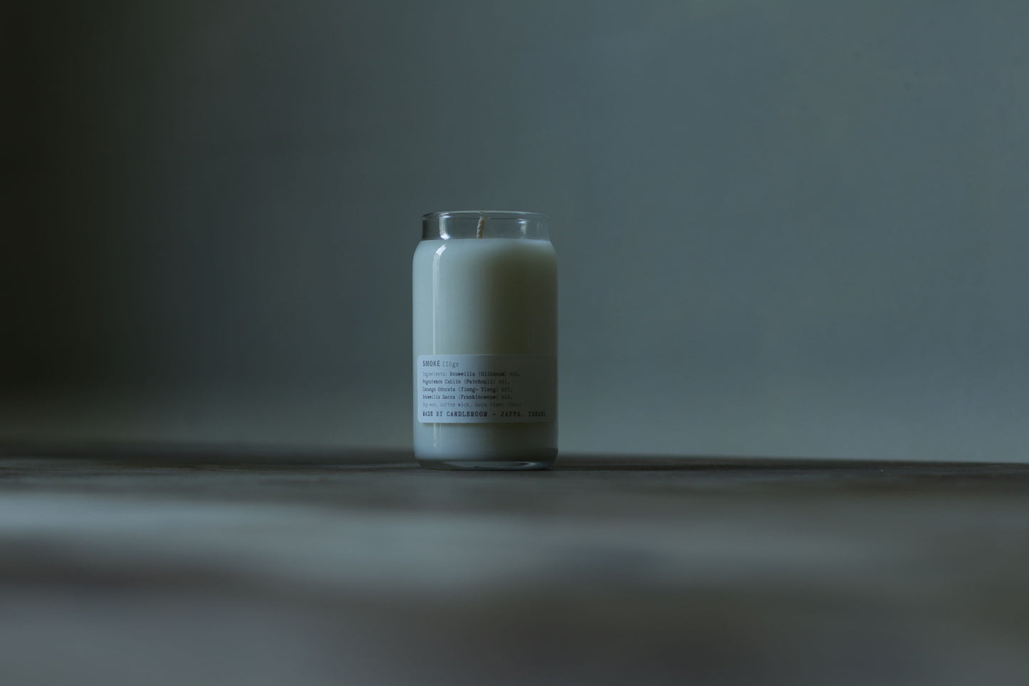 Smoke aromatherapy soy candle with frankincense, olibanum, patchouli and ylang ylang — 110g travel candle by Candleroom, made in Israel